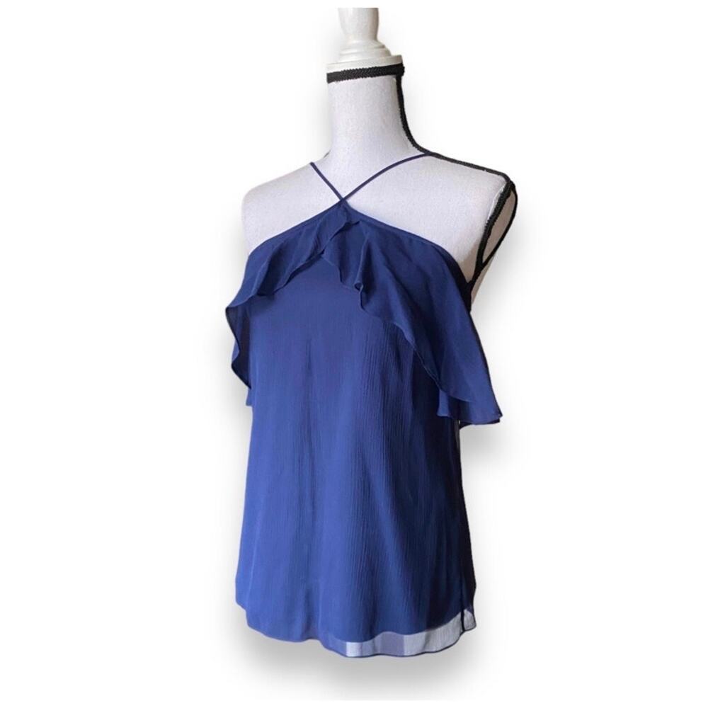 Haute Hippie Silk Ruffled Halter Top Blouse Sz S Dark Blue Feminine Minimalist